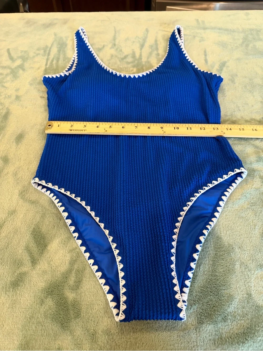 Betsey Johnson Women’s Large Blue One Piece Swimsuit White Trim Textured